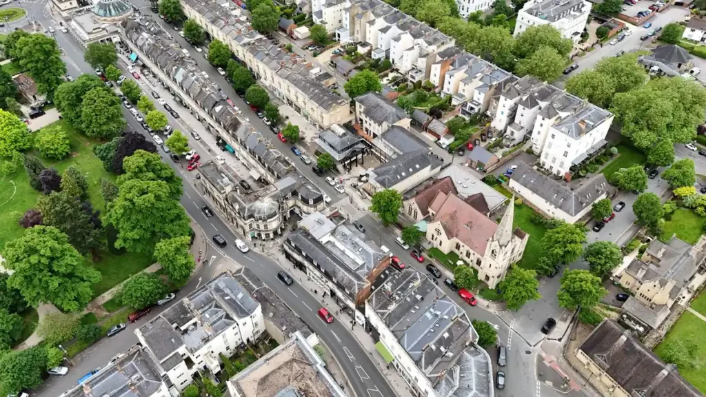 Aerial view of Regency terraces and tree-lined streets in the Montpellier area of Cheltenham
