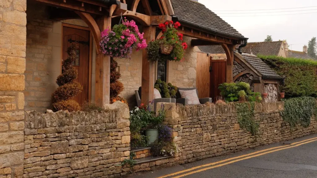 A Cotswold stone cottage porch with hanging baskets of flowers, the setting for a romantic weekend in the Cotswolds