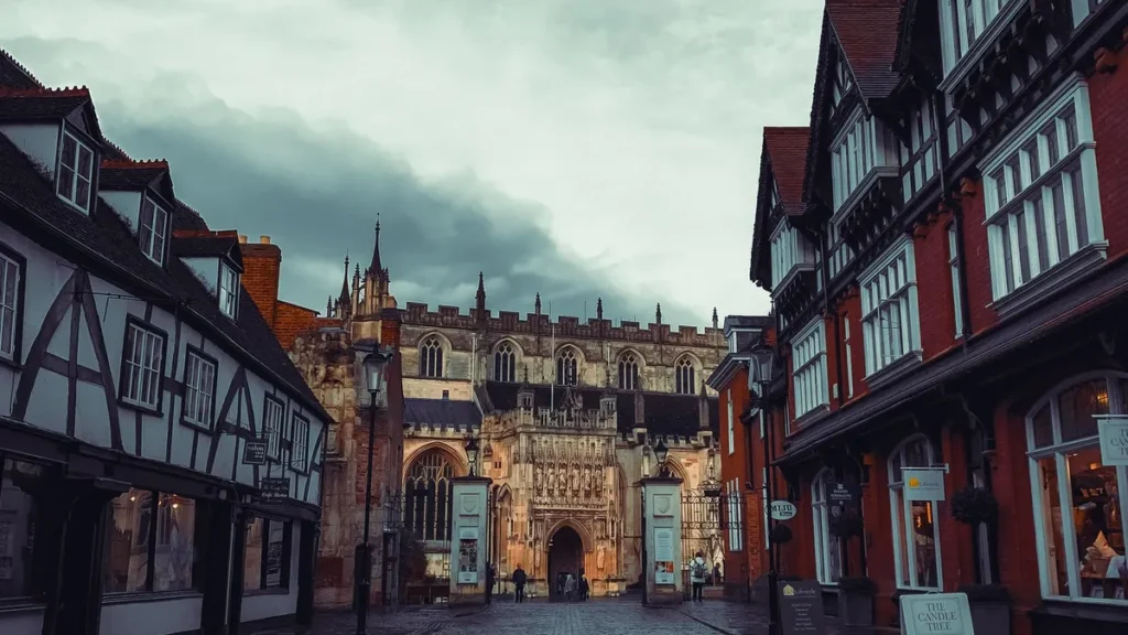 Tudor timber-framed buildings on a Gloucester street leading to the cathedral, a central area to stay in Gloucester