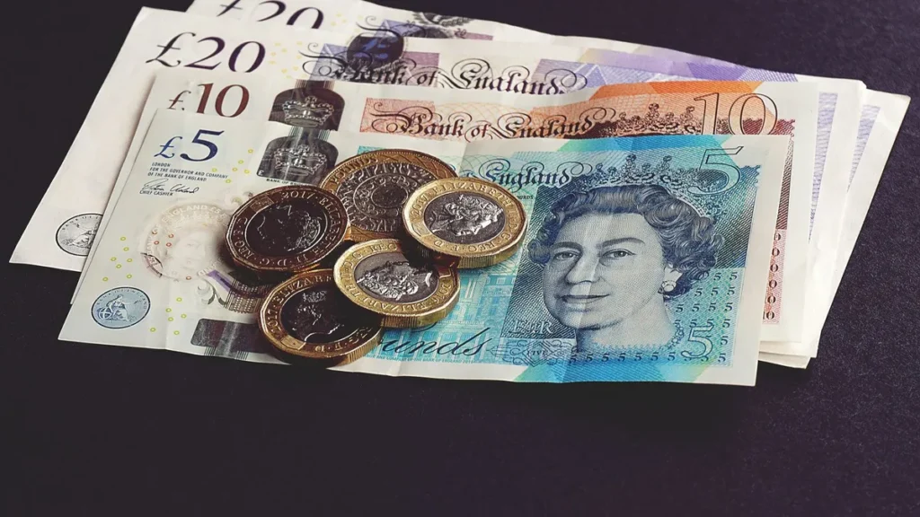 Pound coins on top of £5, £10 and £20 notes, representing contractor accommodation expenses