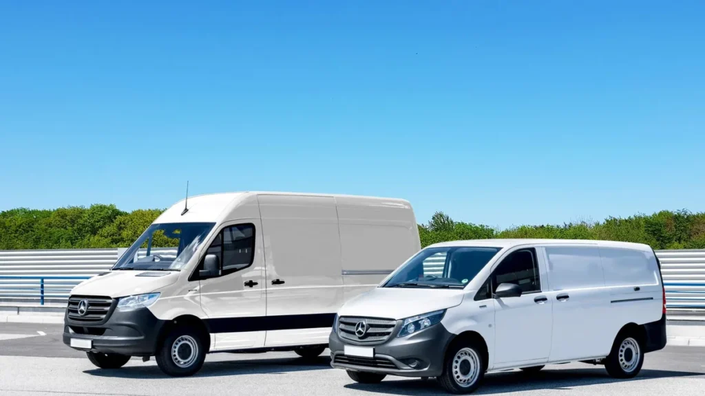A high-roof white van and a smaller white panel van parked side by side, the vehicles contractor accommodation with van parking needs to fit